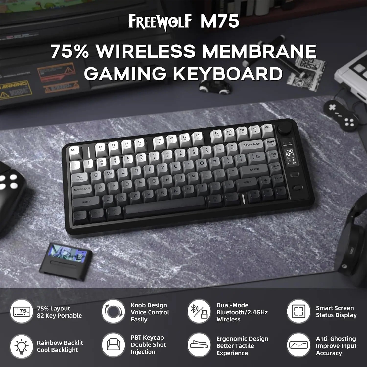 ATTACK SHARK M75 Wireless Gaming Keyboard with OLED Display