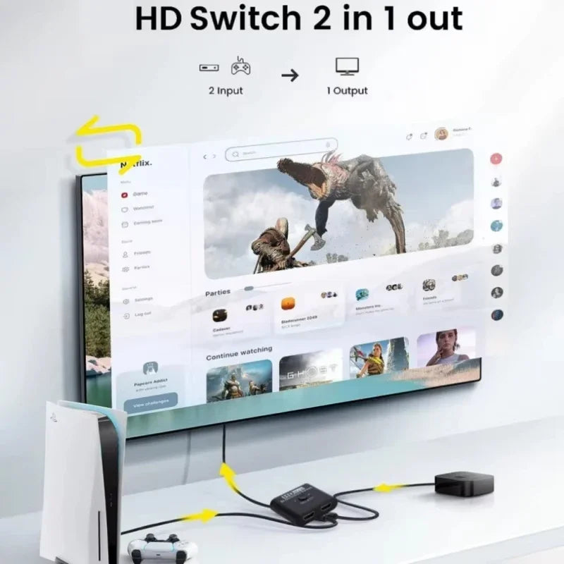 4K 60Hz HDMI Bi-Directional Switch 2x1 Splitter 2 Ports Input 1 Output For PC Laptop Monitor TV Projector Audio Video Converter