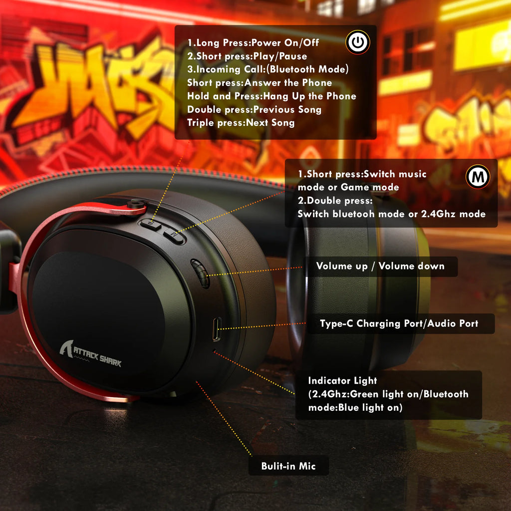 ATTACK SHARK L30PRO Wireless Gaming Headset,7.1 Surround Sound, 50mm Drivers,20ms Low Latency,Detachable Noise-Canceling Mic