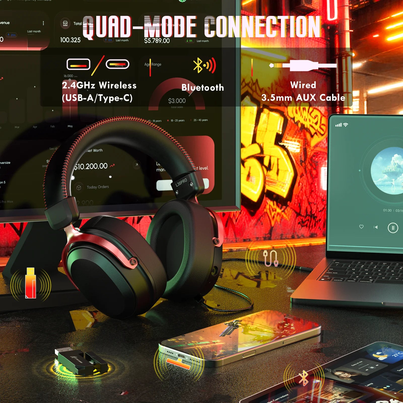 ATTACK SHARK L30PRO Wireless Gaming Headset,7.1 Surround Sound, 50mm Drivers,20ms Low Latency,Detachable Noise-Canceling Mic