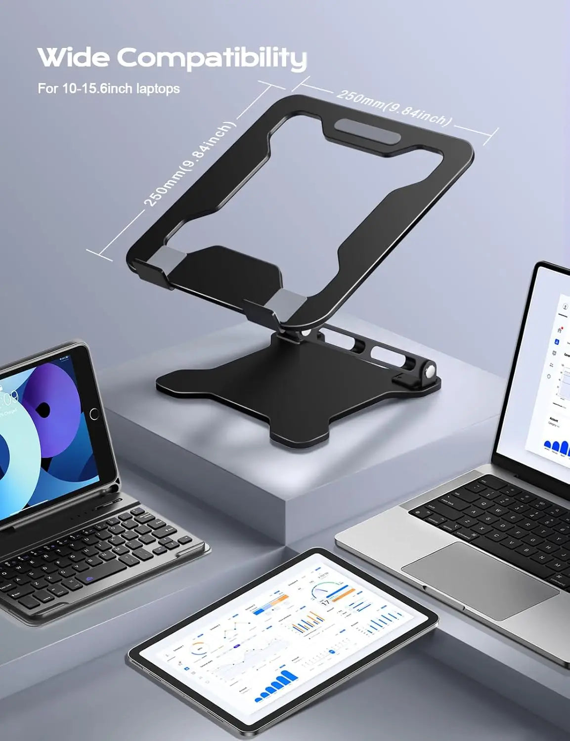 Adjustable Metal Laptop Stand, Foldable & Ventilated Cooling Riser for 10-15.6" Notebooks, Ergonomic Desk Solution